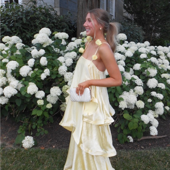 Elliatt Other - Elliatt Pale Yellow Satin Ruffle Slip Dress with Floral Strap Details